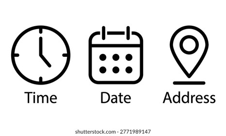 Contact information interface icon collection in simple line style, including time, calendar date, location, and navigation