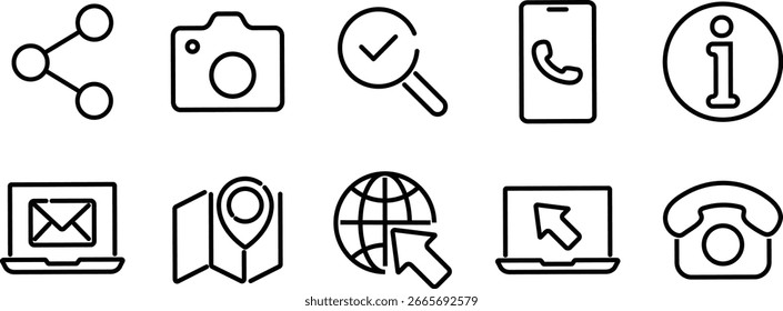 Conjunto de iconos de línea de información de contacto, iconos de redes sociales, tarjeta de visita, hogar, teléfono, ubicación de Locación y símbolo de Vector de logotipo de correo,
