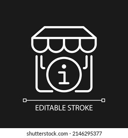 Contact information pixel perfect white linear icon for dark theme. Store address. Phone number. Website info. Thin line illustration. Isolated symbol for night mode. Editable stroke. Arial font used