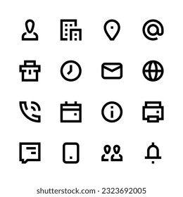 Información de contacto e iconos de vector de línea Contáctanos. Contiene iconos como Dirección, Hora, Número de teléfono, Oficina, Correo, Compañía, Notificación, etc.