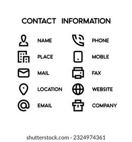 Contact Information and Contact Us line vector icons. Contains icons as Name, Address, Time, Phone number, Office, Mail, Company, Notification etc.