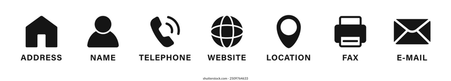 Contact information vector icons. Business card icon set, contact information icon. Address, name, telephone, website, location, e-mail.