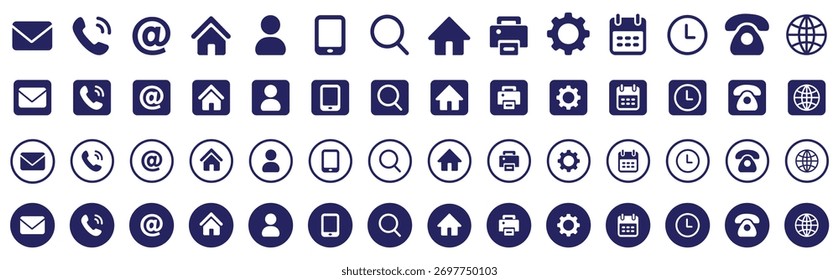 Colección de los íconos de contacto y comunicación, incluidos los símbolos de teléfono, correo electrónico, Dirección y Web. Ideal para visitar tarjetas, Sitios web, perfiles de negocios. contacto, tarjeta de visita, llamada, información, Vector, icono