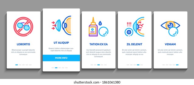 Contact Lens Accessory Onboarding Mobile App Page Screen Vector. Contact Lens On Finger, Eyedropper With Liquid, Eye Tool Information On Computer Screen Color Illustrations