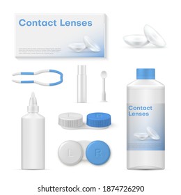 Contact lens accessory set, medical eye vision health. Eyesight care and personal hygiene. Vector realistic style contact lens illustration