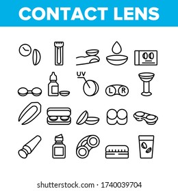 Contact Lens Accessory For Vision Icons Set Vector. Contact Lens Package And In Glass With Liquid, Bottle With Dropper And Medicine Concept Linear Pictograms. Monochrome Contour Illustrations