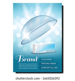 Contact Lens And Blank Box Advertise Banner Vector. Medical Device Worn To Correct Vision Lens And Carton Package. Cosmetic Or Therapeutic Help Bright Creative Realistic 3d Illustration