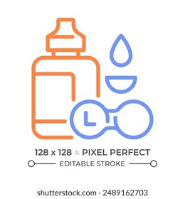 Contact lens care two color line icon. Eye care. Vision correction and contact lens maintenance bicolor outline symbol. Duotone linear pictogram. Isolated illustration. Editable stroke