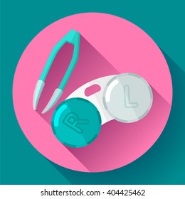 Contact lens case. Container and tweezers, for contact lenses  Flat icon with long shadow