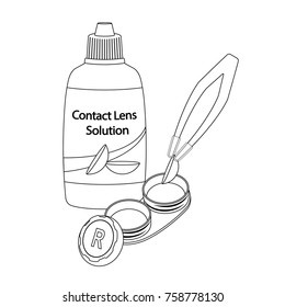 Contact lens in case and tweezer on white background, line cartoon illustration of medical accessory for correct vision. Vector