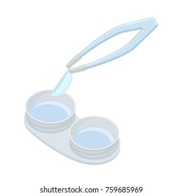 Contact lens in case and tweezer on white background, cartoon illustration of medical accessory for correct vision. Vector