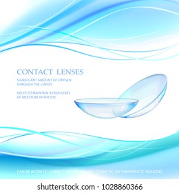 Contact Lens Concept With Water Wave Flow Over Blue Background And Two Eye Lences. Vector Illustration.