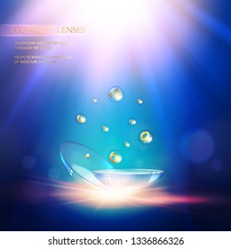 Contact lens concept with water wave flows over blue background and two eye lenses. Vector illustration.