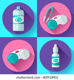 Contact lens Container, daily solution, eye drops and tweezers flat icons