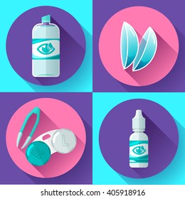 Contact lens Container, daily solution, eye drops and tweezers flat icons