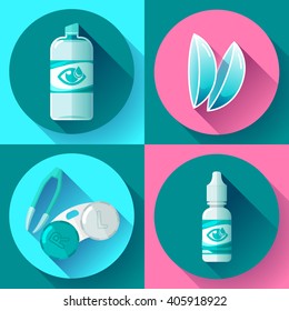 Contact lens Container, daily solution, eye drops and tweezers flat icons