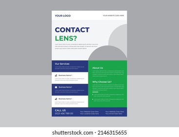 Contact Lens Flyer Template, Optical eyes test flyer, Contact Lenses Advertising Banner, Contact lenses and eye health care.