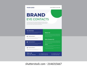 Plantilla de folleto de la lente de contacto, volante de prueba de ojos ópticos, Banner de publicidad de las lentes de contacto, lentes de contacto y atención de la salud ocular.