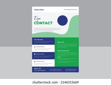 Kontaktlinsen-Flugvorlage, Optische Augen-Testflyer, Kontaktlinsen-Werbebanner, Kontaktlinsen und Augenpflege.