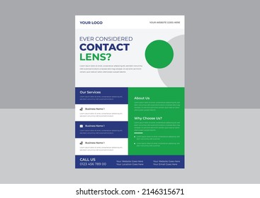 Plantilla de folleto de la lente de contacto, volante de prueba de ojos ópticos, Banner de publicidad de las lentes de contacto, lentes de contacto y atención de la salud ocular.