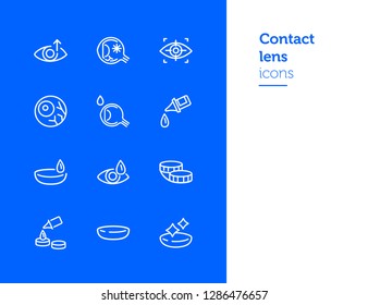 Contact lens icons. Contact solution, eye drops, eyeball. Eyesight correction concept. Vector illustration can be used for topics like healthcare, eyesight, ophthalmology