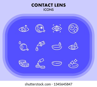 Contact lens icons. Contact solution, eye drops, eyeball. Eyesight correction concept. Vector illustration can be used for topics like healthcare, eyesight, ophthalmology