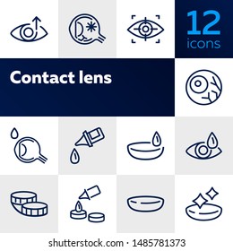 Contact lens icons. Contact solution, eye drops, eyeball. Eyesight correction concept. Vector illustration can be used for topics like healthcare, eyesight, ophthalmology