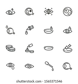 Contact lens icons. Contact solution, eye drops, eyeball. Eyesight correction concept. Vector illustration can be used for topics like healthcare, eyesight, ophthalmology