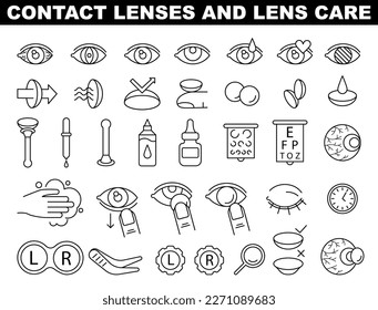 Contact lens simple black and white line icons. Protection container, eyedropper, lens solution. Ophtalmology collection. Flat vector illustration