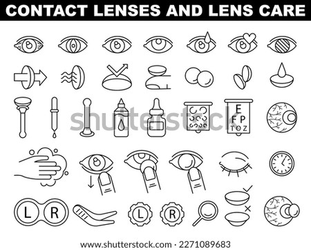 Contact lens simple black and white line icons. Protection container, eyedropper, lens solution. Ophtalmology collection. Flat vector illustration