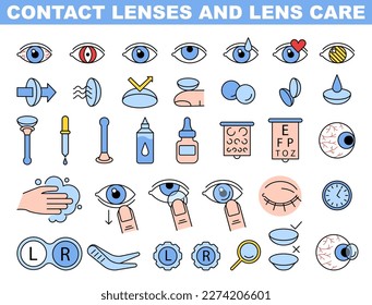 Contact lens simple colored icons. Protection container, eyedropper, lens solution. Ophtalmology collection. Flat vector illustration