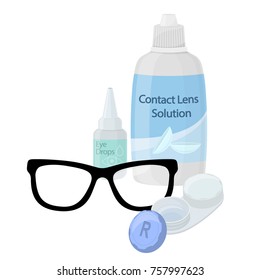 Contact Lens Solution, Lens Case And Eye Glasses On White Background, Cartoon Illustration Of Medical Accessory For Correct Vision. Vector