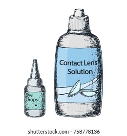 Contact lens solution and eye drops on white background, sketch cartoon illustration of medical accessory for correct vision. Vector