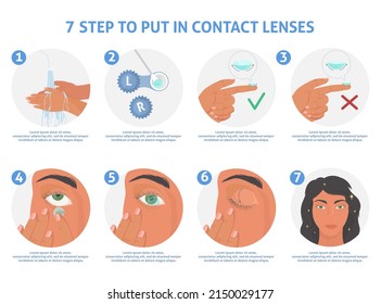 Contact lens use instruction. Seven step to put in contact lenses vector poster. Medical eye care, hygiene and ophthalmology concept