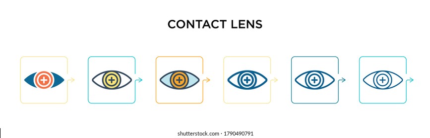 Icono del vector de la lente de contacto en 6 estilos modernos diferentes. Iconos de lente de contacto negros, de dos colores, diseñados con un estilo relleno, contorno, línea y trazo. La ilustración vectorial se puede usar para web, móvil, ui