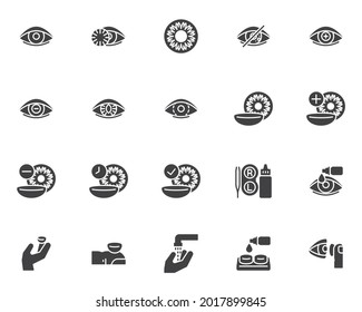 Kontaktieren Sie die Vektorsymbole der Linse, moderne solide Symbolsammlung, gefülltes Piktogramm-Paket im Stil. Zeichen, Logo-Illustration. Set enthält Symbole wie Hyperopie, Myopie, Sehkorrektur, Augentropfflasche