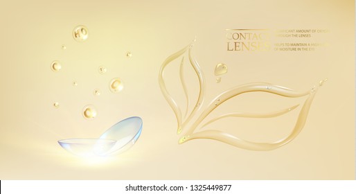 Contact lens for your eye health. Eye care illustration of optical lences with gold bubbles and gelly leaves over golden science background and text place at the top of image. Vector illustration.