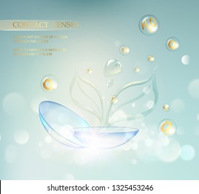 Contact lens for your eye health. Eye care illustration of optical lences with golden bubbles and gelly leaves over violet science background and text place at the top of image. Vector illustration.