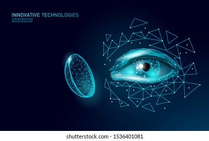 Contact lenses 3D low poly concept. Healthcare eye vision care medicine support. Close up eyesight. Ad marketing template vector illustration