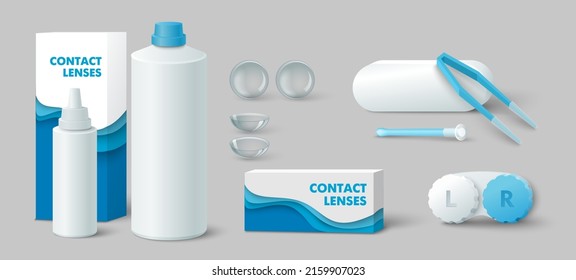 Contact lenses accessory for vision realistic set. Vector Illustration of optometry corrective glasses, bottle with liquid solution for hygiene and care, case for storage and tweezers