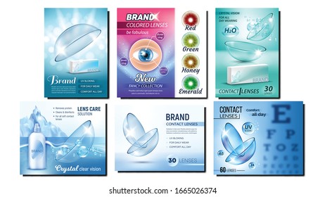 Contact Lenses Advertising Banners Set Vector. Collection Creative Advertise Posters With Lenses Medical Device For Correct Vision, Boxes And Bottles. Concept Template Realistic 3d Illustrations