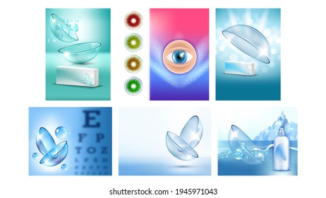 Contact Lenses Advertising Banners Set Vector. Collection Creative Advertise Posters With Lenses Medical Device For Correct Vision, Boxes And Bottles. Concept Template Realistic 3d Illustrations