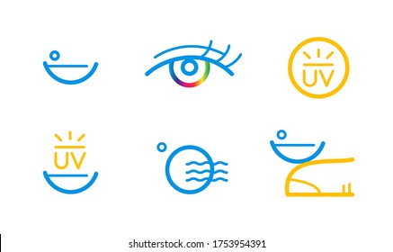 Contact lenses or contacts icon set. Summer edition. Soft silicone hydrogel contacts with uv blocking and extream H2O. simple line vector icons.