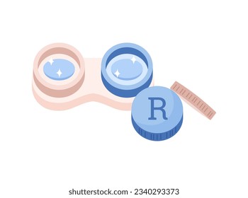 Contact lenses in container box, flat vector illustration isolated on white background. Storage package for contact lenses. Concepts of healthcare, ophthalmology and vision care.