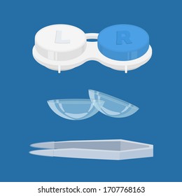 Contact lenses, a container for storing lenses and tweezers. Vision correction, vector illustration