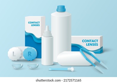 Contact lenses, container, tweezers and solution bottle mock up. Ophthalmology equipment for vision disorder correction. Realistic vector advertising medical poster or banner design