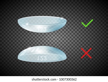 Contact Lenses. Correct position and incorrect. Realistic isolated on transparent background. Vector illustration