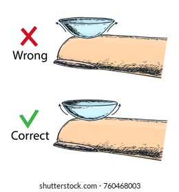 Contact lenses - correct and wrong position, sketch cartoon illustration of medical devices for correct vision. Vector