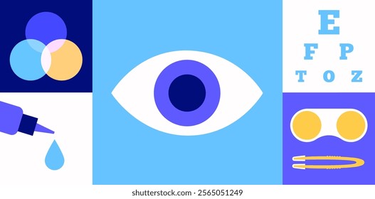 Contact lenses and eye chart. Ocular prosthesis and optometry examining, eyesight check. Vision problem, cosmetic effect or treatment. Refraction error correction flat vector medical illustration