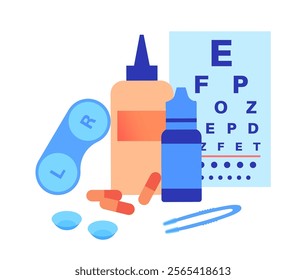 Contact lenses and eye chart. Ocular prosthesis and optometry examining, eyesight check. Vision problem, cosmetic effect or treatment. Refraction error correction flat vector medical illustration